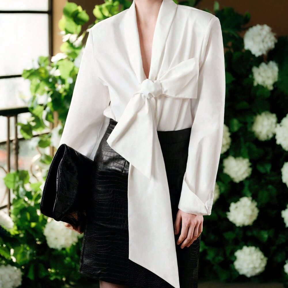 White Elegant Women's V-Neck Casual Blouse with Bow Tie Ribbon Long Sleeve - Picture 4 of 7